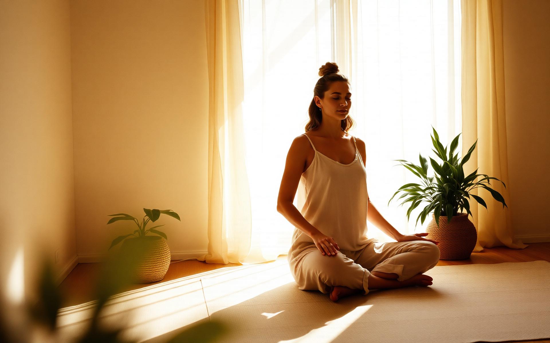 A woman in meditation, sunlit sanctuary