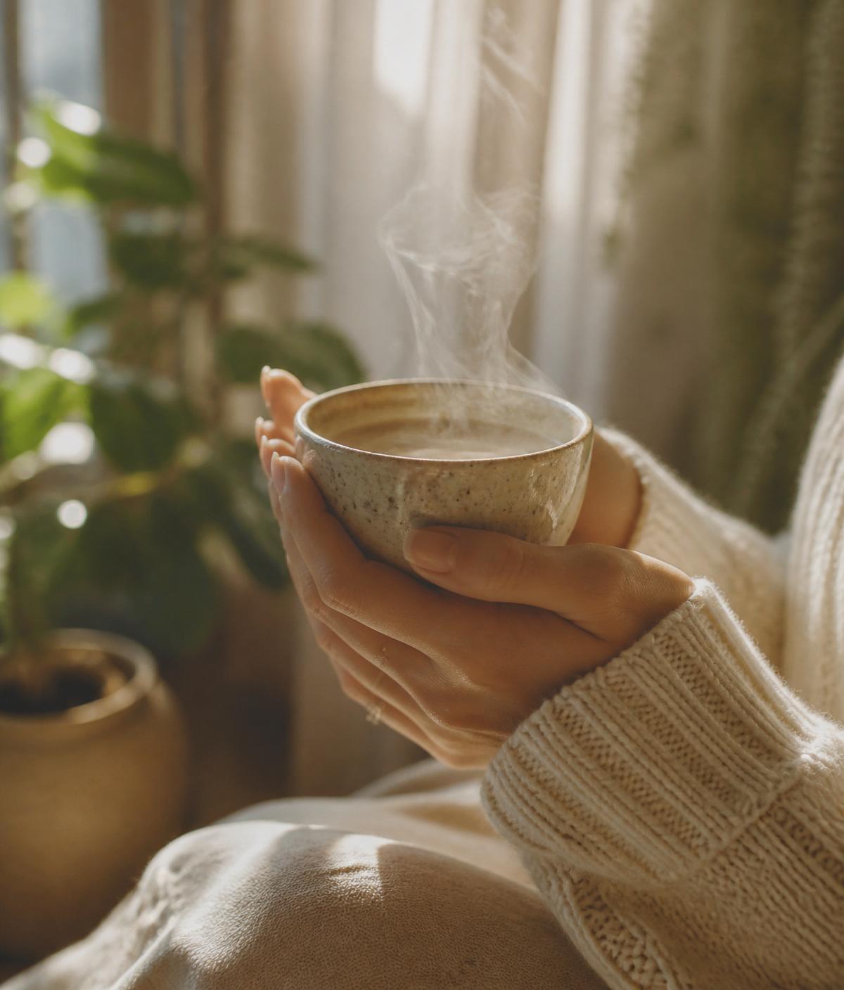 A woman holding a warm tea bowl in soft window light